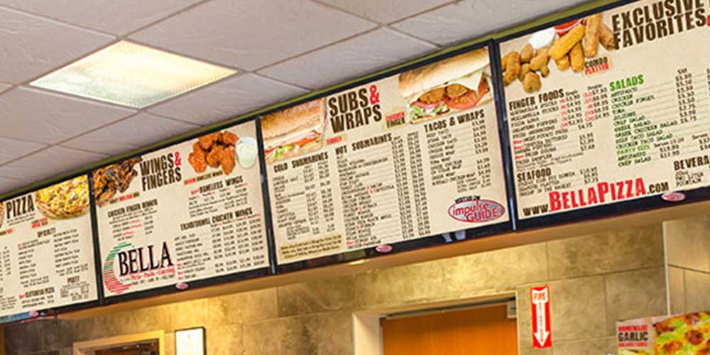 Bella Pizza digital menu boards running impulseGUIDE