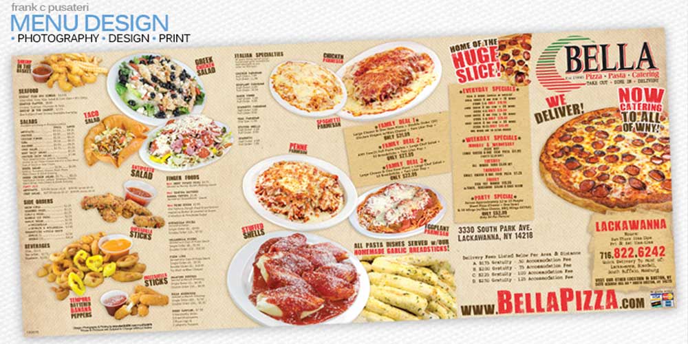 Bella Pizza take-out menu: photography, design and print
