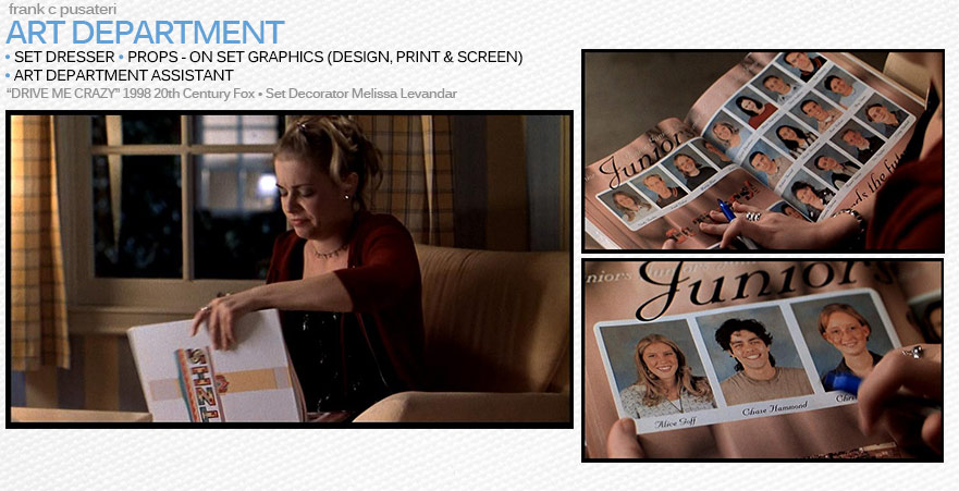 Drive Me Crazy art department: prop box and yearbook pages