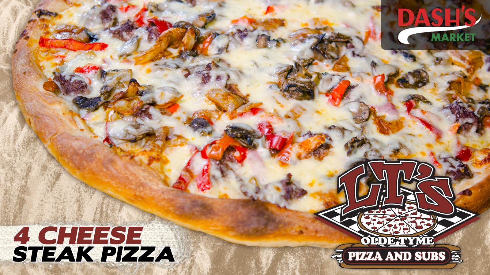 LT’s Olde Tyme Pizza & Subs digital menu slide: four cheese steak sub