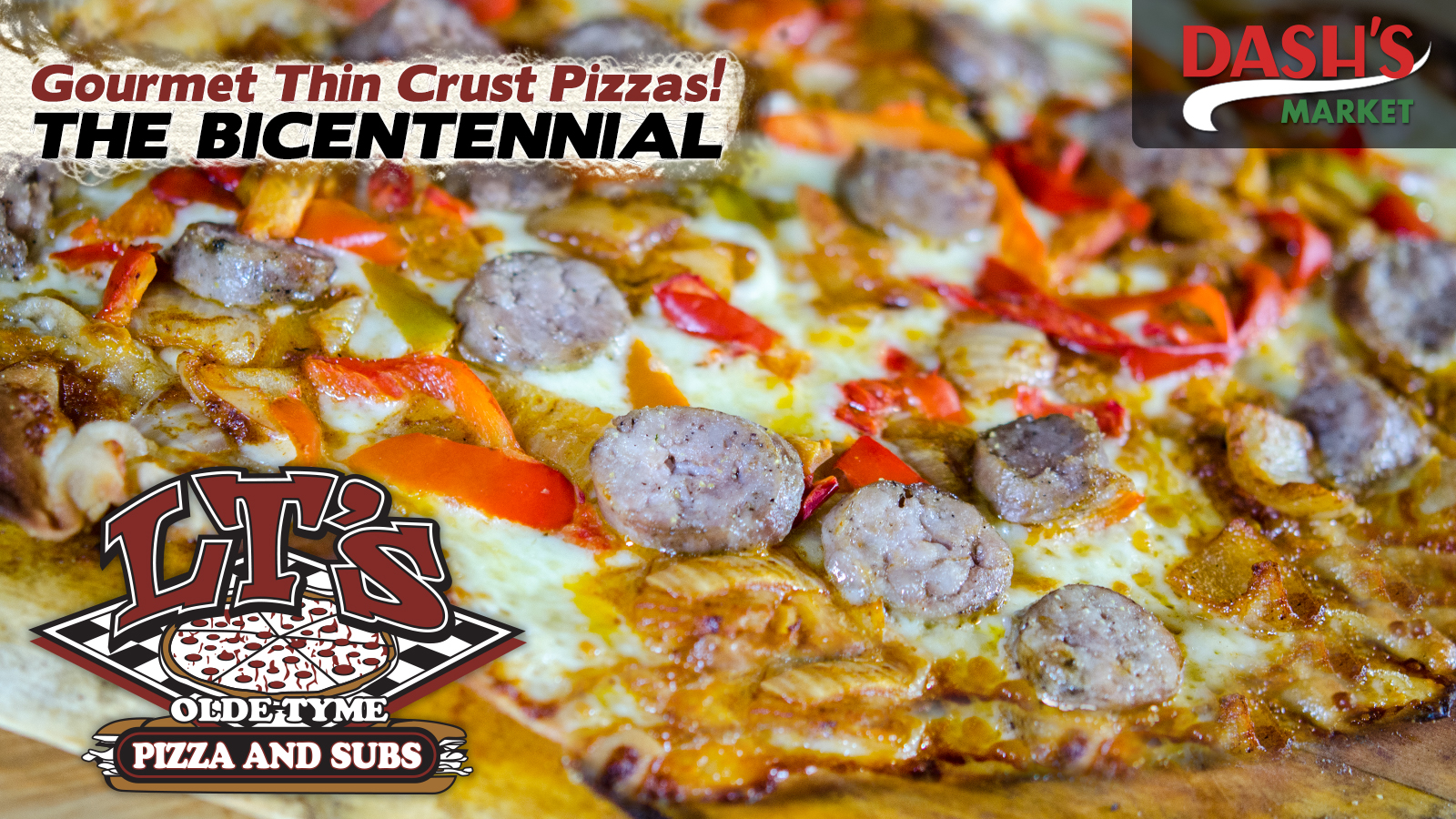 LT’s Olde Tyme Pizza & Subs digital menu slide: The Bicentennial gourmet thin crust pizza