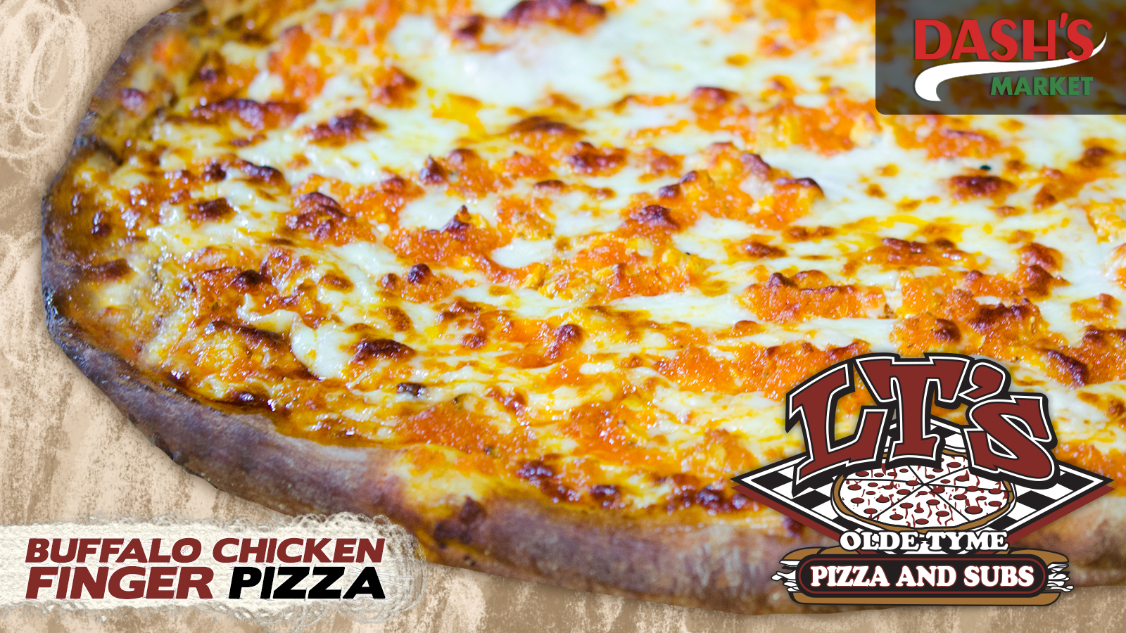 LT’s Olde Tyme Pizza & Subs digital menu slide: Buffalo chicken pizza
