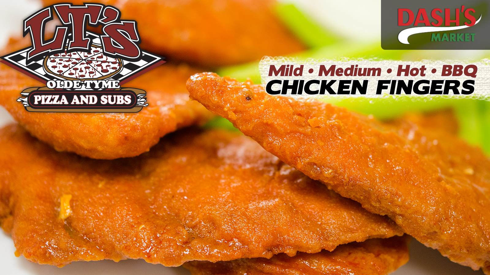 LT’s Olde Tyme Pizza & Subs digital menu slide: chicken fingers