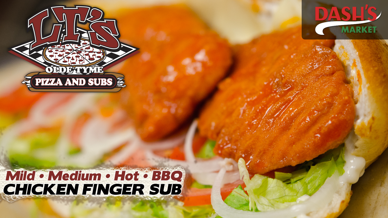 LT’s Olde Tyme Pizza & Subs digital menu slide: chicken finger sub