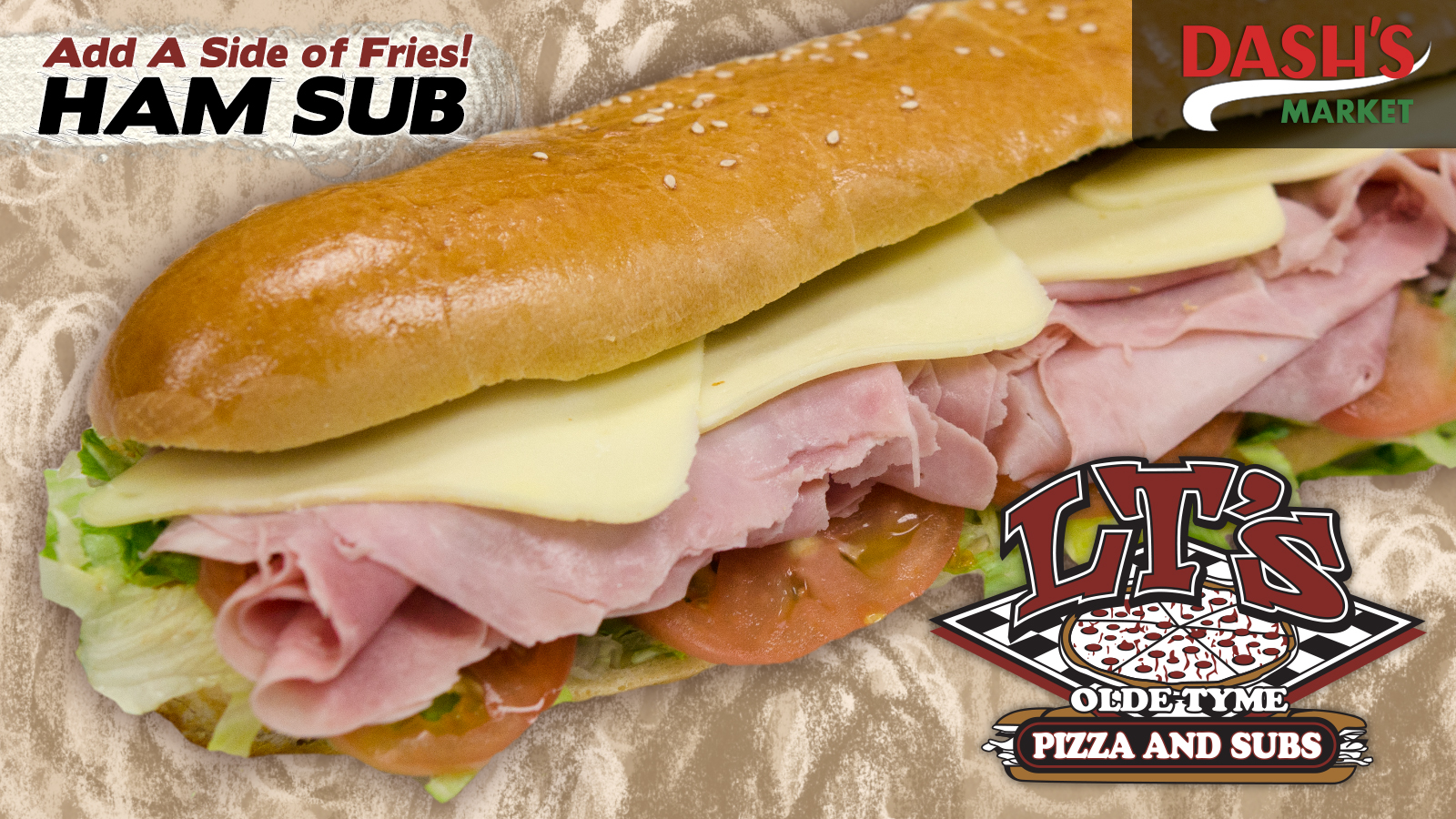 LT’s Olde Tyme Pizza & Subs digital menu slide: ham sub