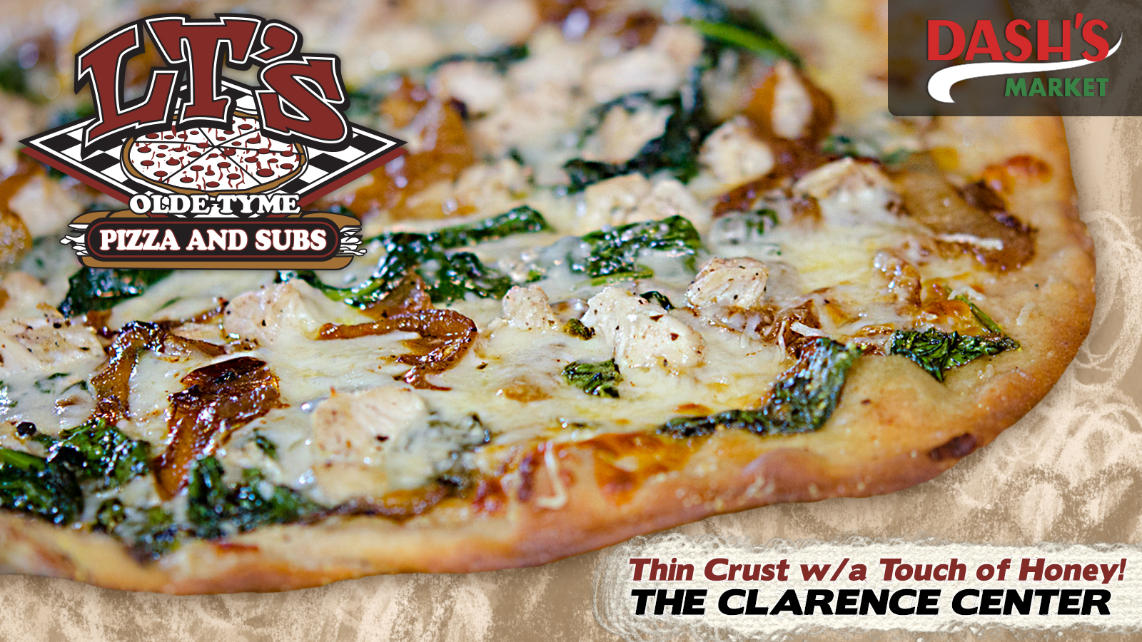 LT’s Olde Tyme Pizza & Subs digital menu slide: The Clarence Center thin crust pizza