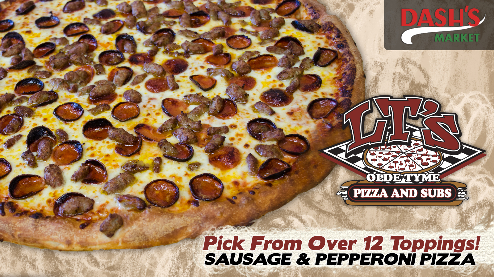 LT’s Olde Tyme Pizza & Subs digital menu slide: sausage and pepperoni pizza