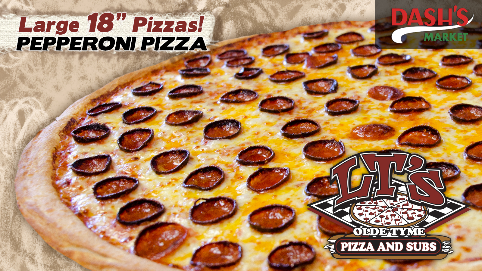 LT’s Olde Tyme Pizza & Subs digital menu slide: pepperoni pizza