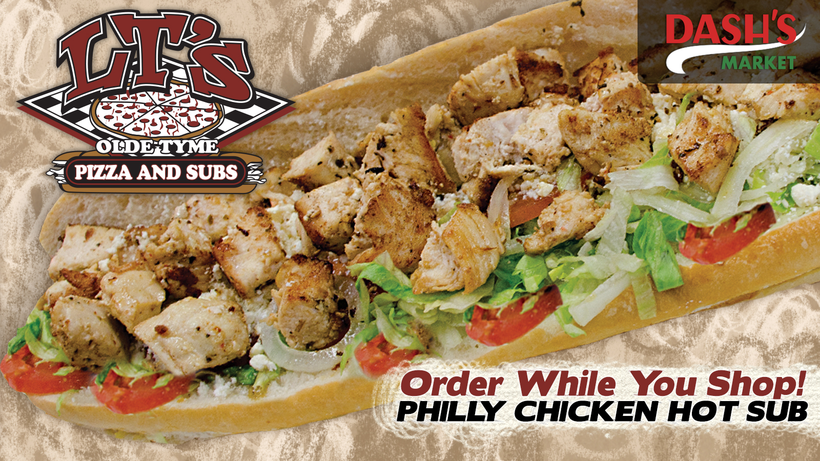 LT’s Olde Tyme Pizza & Subs digital menu slide: Philly chicken sub