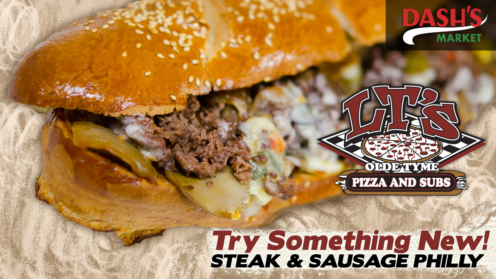 LT’s Olde Tyme Pizza & Subs digital menu slide: steak and sausage Philly