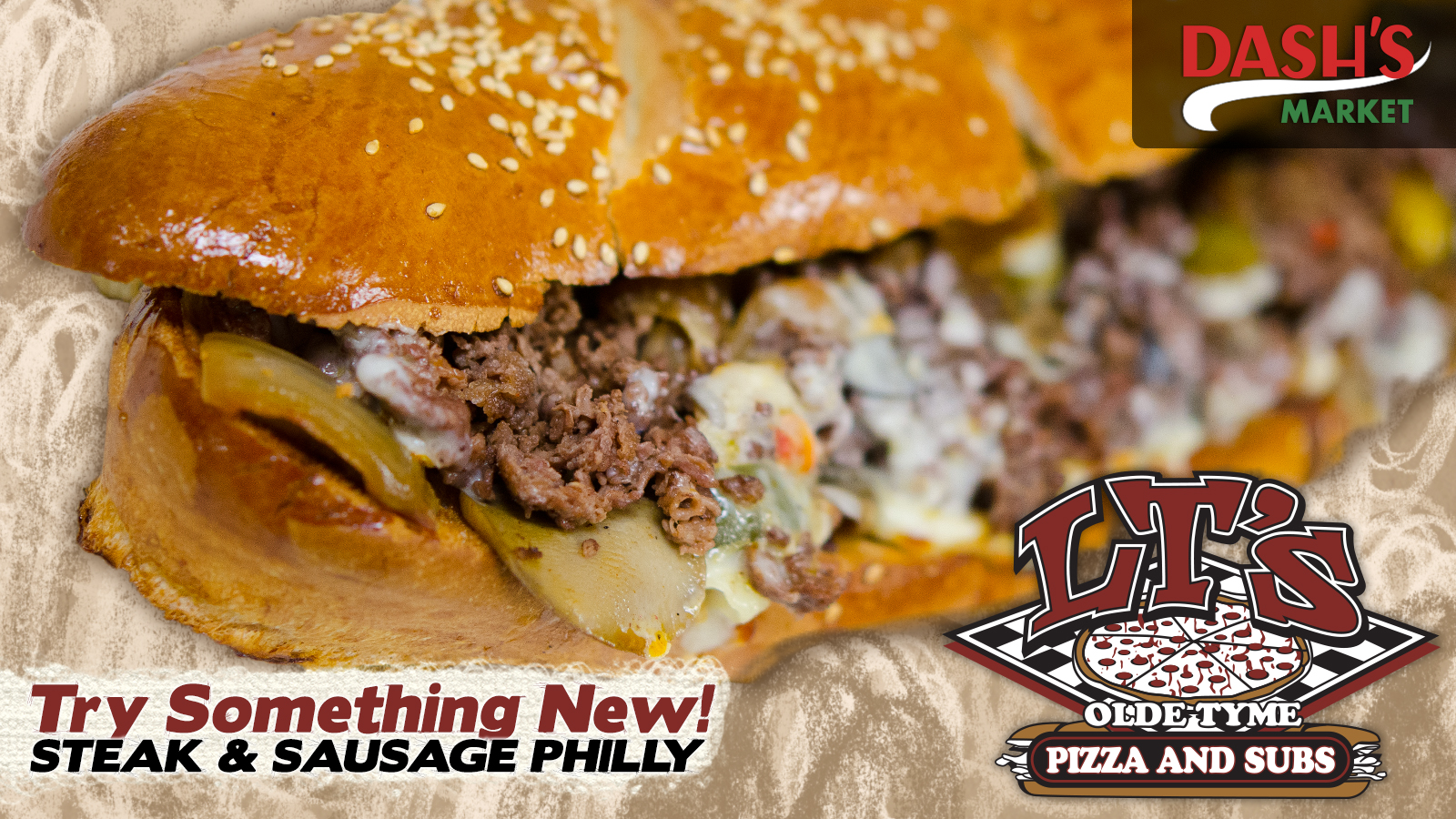 LT’s Olde Tyme Pizza & Subs digital menu slide: steak Philly