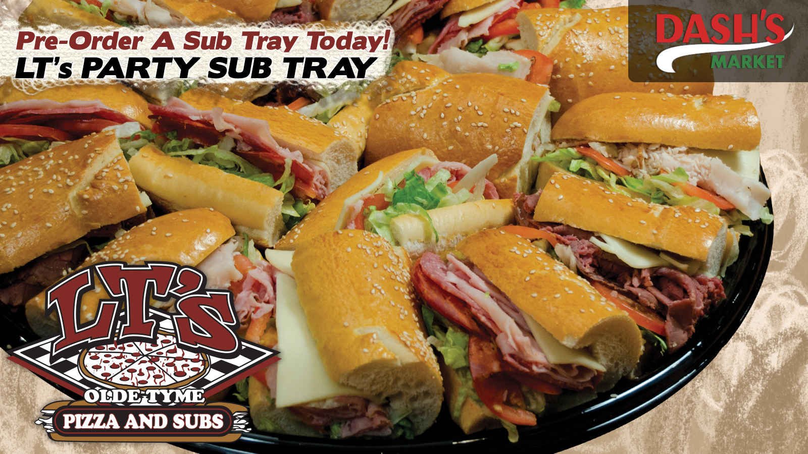 LT’s Olde Tyme Pizza & Subs digital menu slide: sub tray