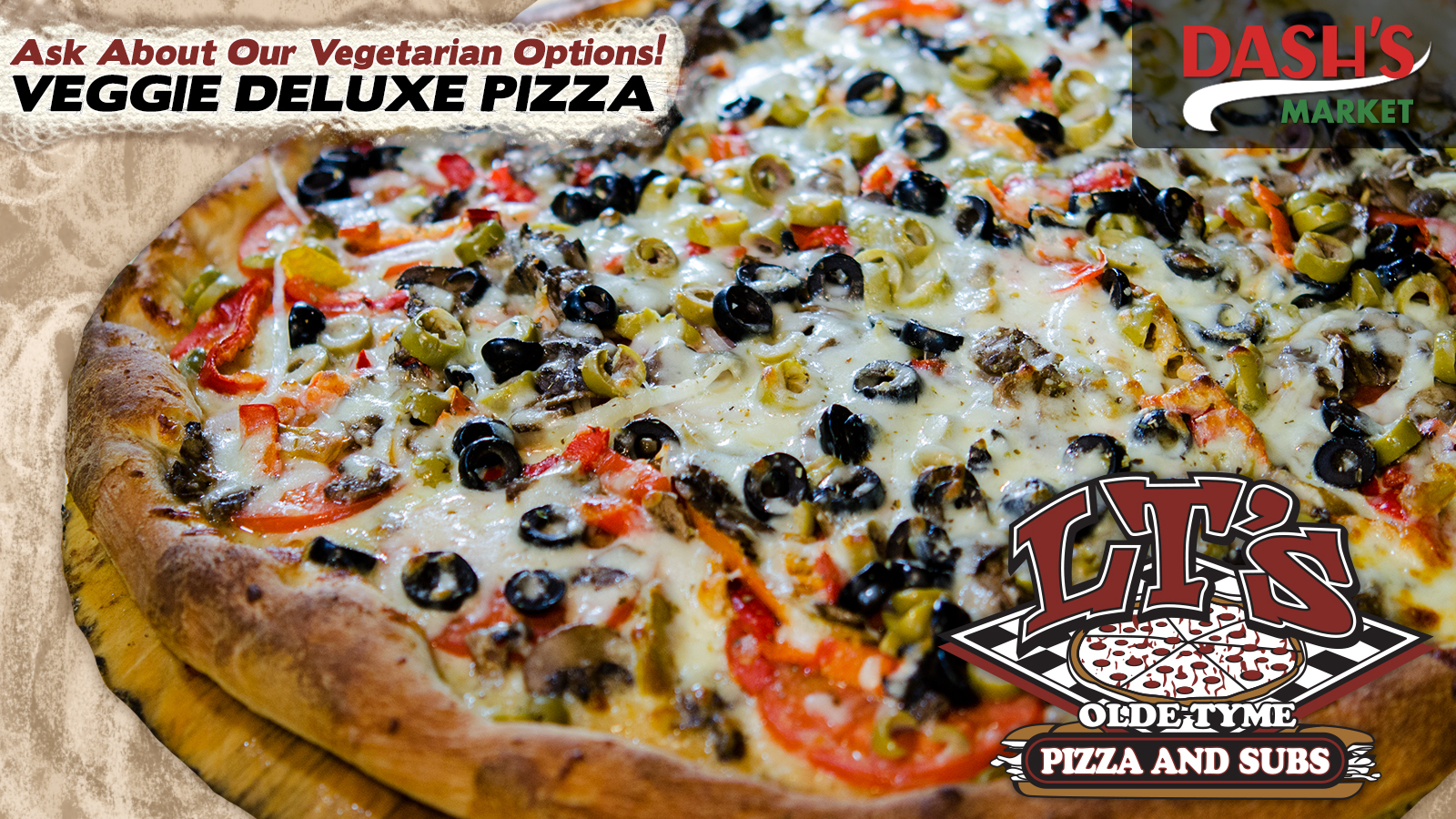 LT’s Olde Tyme Pizza & Subs digital menu slide: veggie pizza
