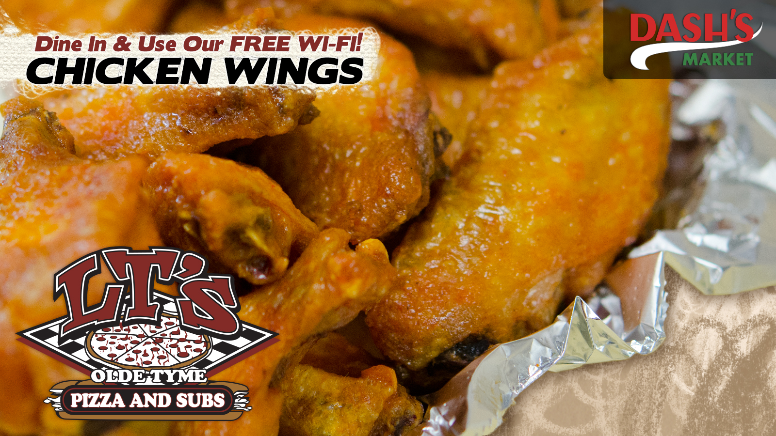 LT’s Olde Tyme Pizza & Subs digital menu slide: chicken wings